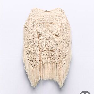 Zara Beige Crochet Fringe Poncho